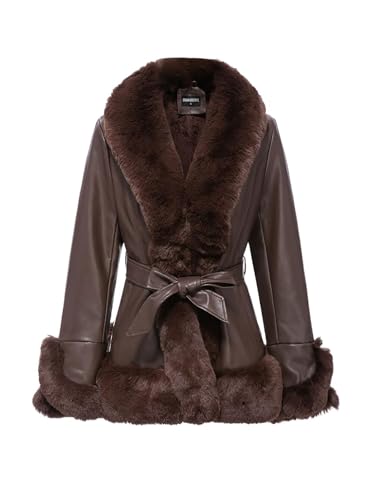 GRAN ORIENTE Women's Faux Leather Jacket with Faux Fur Collar, Winter Long Sleeve Furry Trim Peplum Parka Coat with Belt