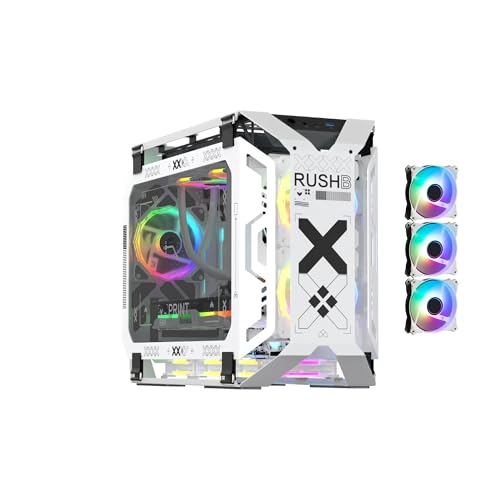 MegaPC X-Era Open-Frame Mid-Tower Micro-ATX/Mini-ITX Gaming Case – Tempered Glass Panels, High Airflow, ARGB Lighting, USB-C Port (Black/White/Print Stream, with Fans Only)