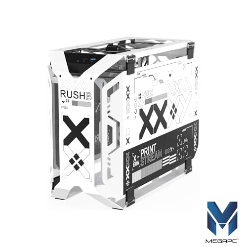 MegaPC X-Era Open-Frame Mid-Tower Micro-ATX/Mini-ITX Gaming Case – Tempered Glass Panels, High Airflow, ARGB Lighting, USB-C Port (Black/White/Print Stream, with Fans Only)