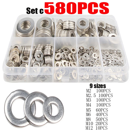180/360/580/684/1010PCS Stainless Steel Washer M2 M3 M4 M5 M6 M8 M10 M12 Flat Washers Ring Plain Washer Gaskets Assortment Kit
