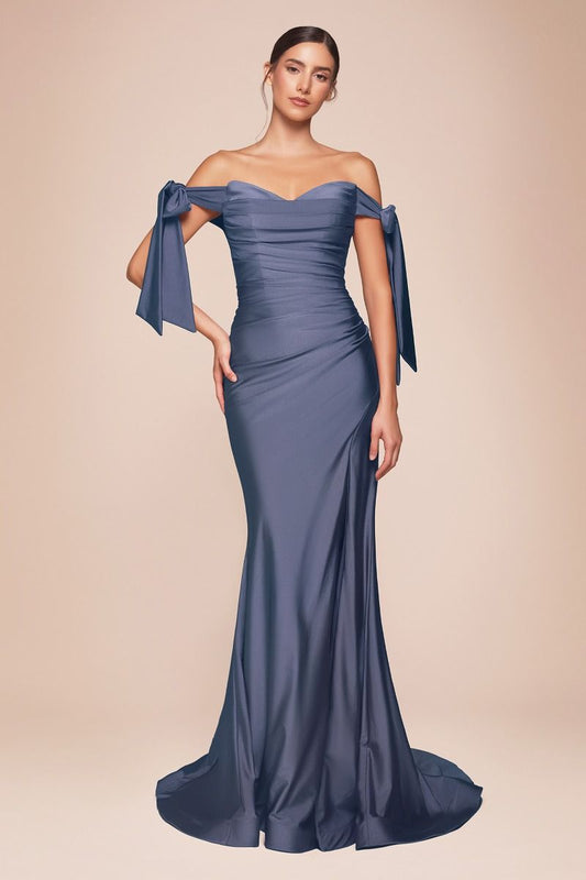 Stretch Jersey Gathered Off or On Shoulder Bodice Leg Slit Long Prom & Bridesmaid Dress CDCD943