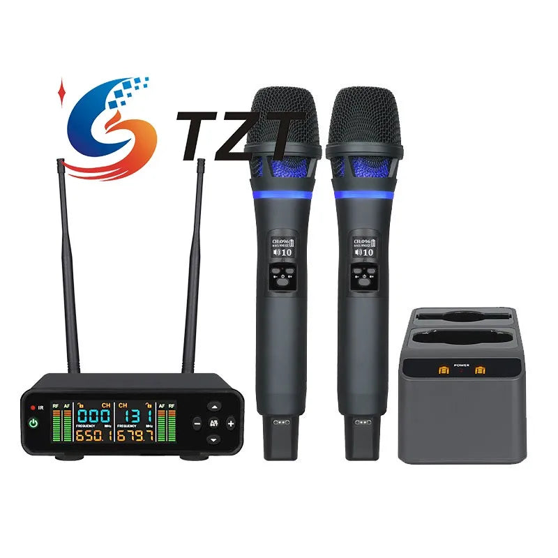 TZT J163 Professional UHF 600-699MHz Wireless Microphone System with Charging Stand for Karaoke Stage Performance