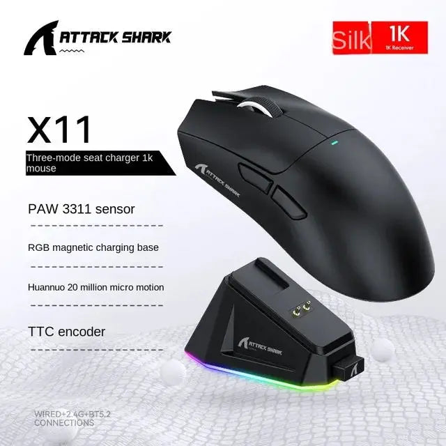 2026 Wireless Gaming Mouse - Tri-Mode (2.4GHz/Wired/Bluetooth) PAW3311 Sensor RGB PC Gam Mouse Connection Magnetic Charging Dock