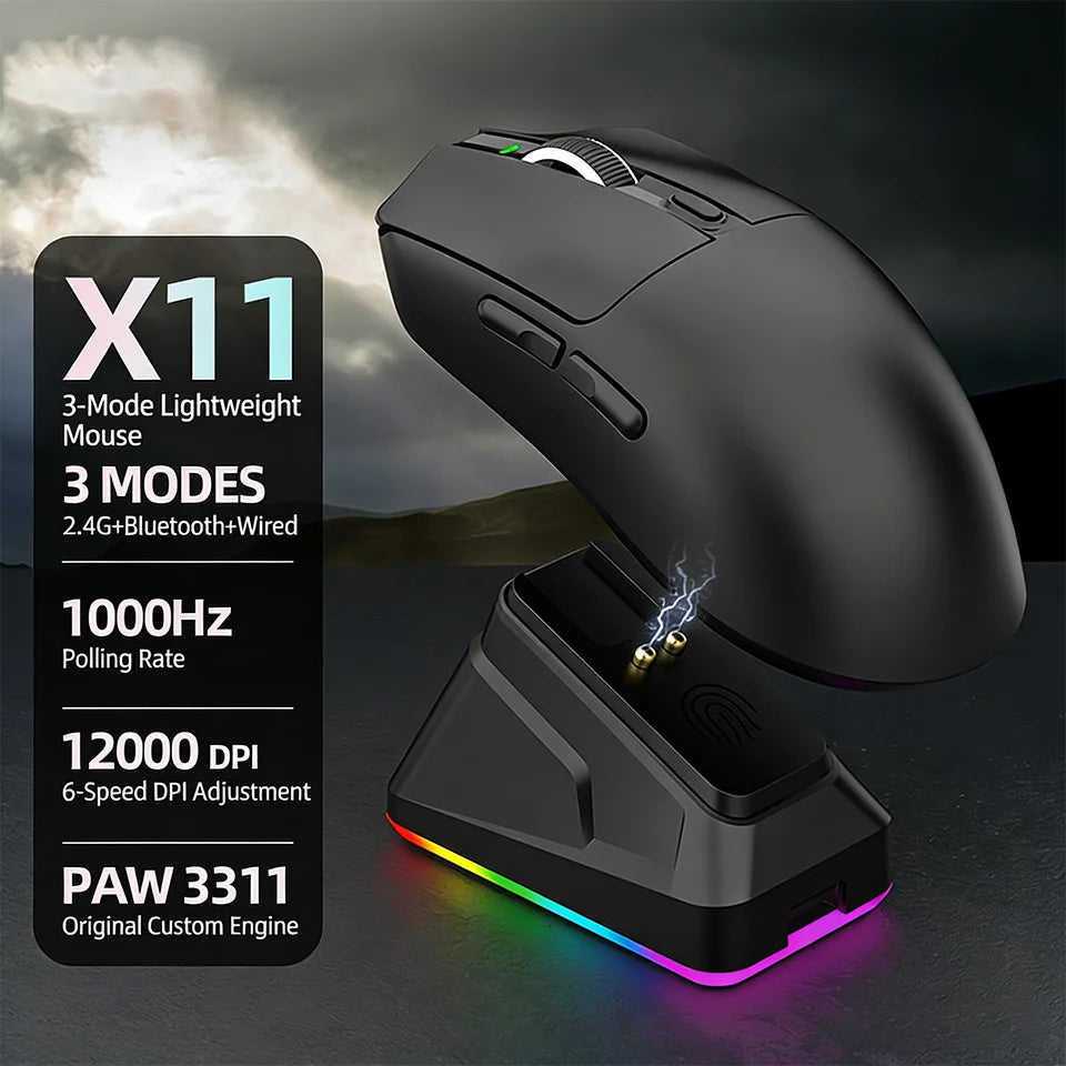 2026 Wireless Gaming Mouse - Tri-Mode (2.4GHz/Wired/Bluetooth) PAW3311 Sensor RGB PC Gam Mouse Connection Magnetic Charging Dock