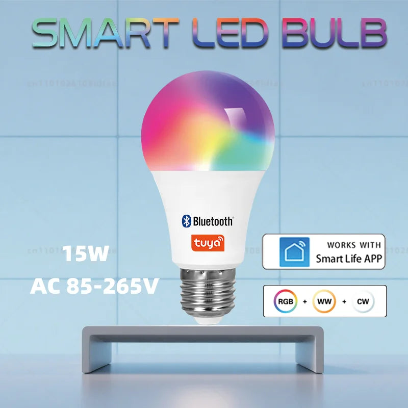 Tuya Bluetooth APP controls LED Smart Light RGBCW Dimmable Bulb 15W Household Bedroom Christmas Party Decoration Group Control