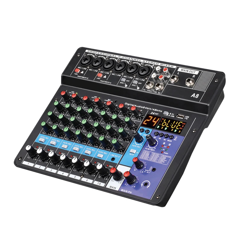 8 Channel Professional Audio Mixer Console Built-in Digital Sound Card for Computer Smartphone Singing Music Recording