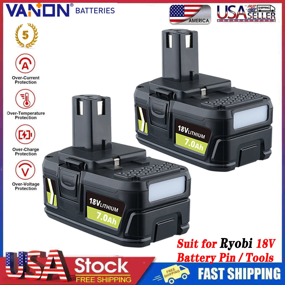 VANON 2Pack 7.0Ah P108 Li-on Replace for ryobi 18v P102 P103 P107 P109 Battery Pin Compatible with 18V Cordless Power Tools