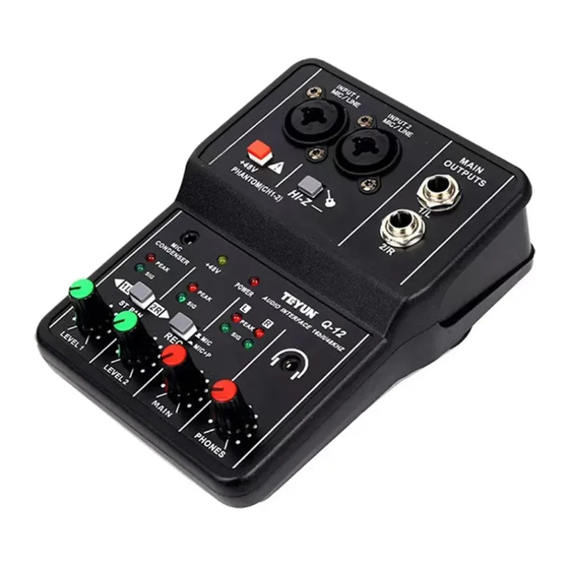 2 Channels Professional Portable Audio Interface Sound Card Console Mini USB MIXER for Guitar Recording Studio Singing TEYUN Q12