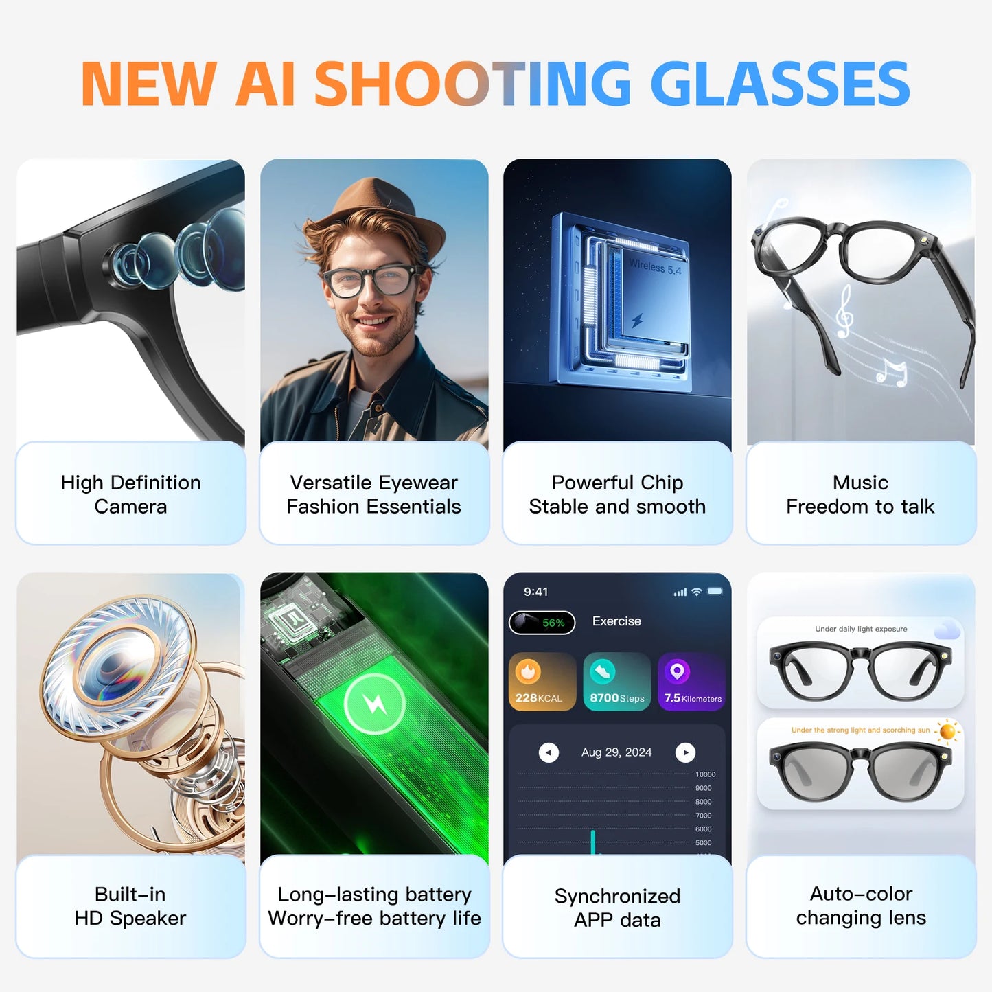 GS380 AI Smart Camera Glasses with Flashlight Take Photo Music Call Pedometer Distance Audio Wearable Video Recording Glasses