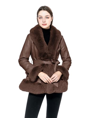 GRAN ORIENTE Women's Faux Leather Jacket with Faux Fur Collar, Winter Long Sleeve Furry Trim Peplum Parka Coat with Belt