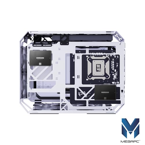 MegaPC X-Era Open-Frame Mid-Tower Micro-ATX/Mini-ITX Gaming Case – Tempered Glass Panels, High Airflow, ARGB Lighting, USB-C Port (Black/White/Print Stream, with Fans Only)