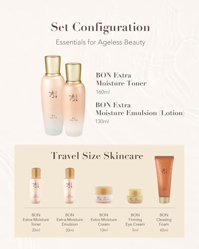 Sooryehan Bon Extra Moisture Korean Skin Care Gift Set (13.01 Fl Oz) - Luxury Premium High-end by LG Beauty. Hydrating Toner, Emulsion Lotion, Cleansing Foam, Eye Cream.