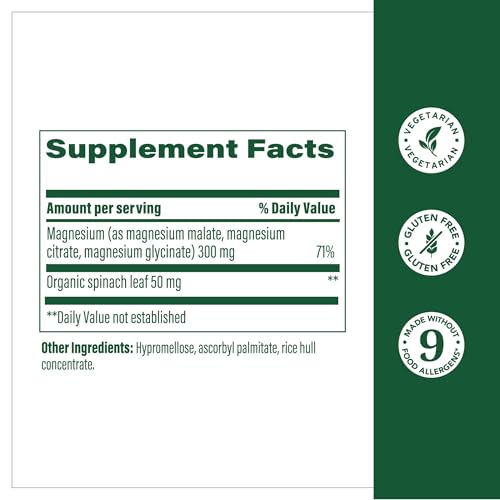 MegaFood Magnesium Glycinate, Citrate, Malate 300mg Supplement - Highly Absorbable Blend to Support Heart, Nerve Health & Relaxation, Triple Magnesium Complex Supplement, 60 Capsules (30 Servings)