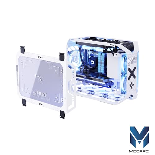 MegaPC X-Era Open-Frame Mid-Tower Micro-ATX/Mini-ITX Gaming Case – Tempered Glass Panels, High Airflow, ARGB Lighting, USB-C Port (Black/White/Print Stream, with Fans Only)