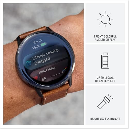 Garmin Venu® 4, 45mm, Advanced Health and Fitness GPS Smartwatch, Bright and Colorful Display, Built-in Flashlight, 12 Days of Battery Life, Slate with Black Silicone Band/Brown Leather Band