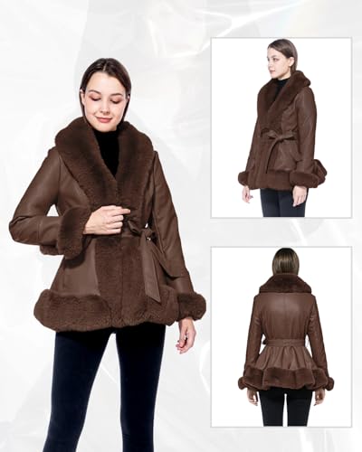 GRAN ORIENTE Women's Faux Leather Jacket with Faux Fur Collar, Winter Long Sleeve Furry Trim Peplum Parka Coat with Belt