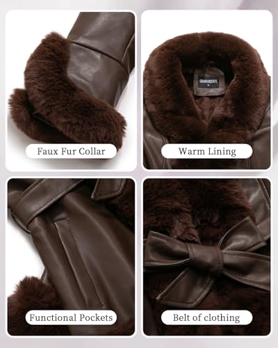 GRAN ORIENTE Women's Faux Leather Jacket with Faux Fur Collar, Winter Long Sleeve Furry Trim Peplum Parka Coat with Belt