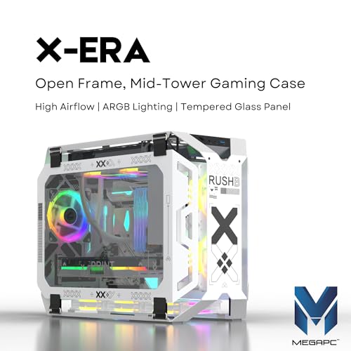 MegaPC X-Era Open-Frame Mid-Tower Micro-ATX/Mini-ITX Gaming Case – Tempered Glass Panels, High Airflow, ARGB Lighting, USB-C Port (Black/White/Print Stream, with Fans Only)