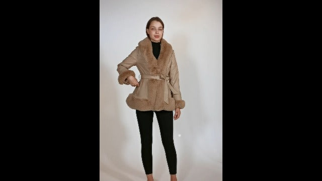 GRAN ORIENTE Women's Faux Leather Jacket with Faux Fur Collar, Winter Long Sleeve Furry Trim Peplum Parka Coat with Belt