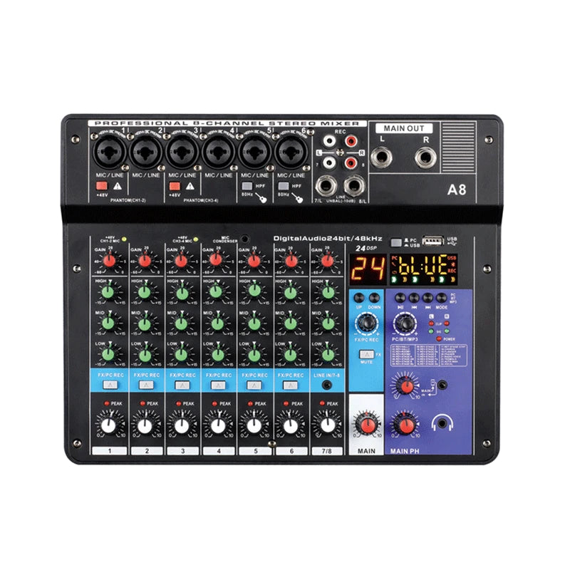 8 Channel Professional Audio Mixer Console Built-in Digital Sound Card for Computer Smartphone Singing Music Recording