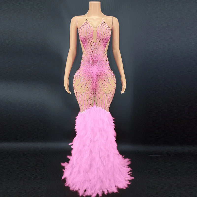 Products Blue Rhinestone Feather Dress Mesh Red Evening Elegant Evening Dresses Luxury Abito Da Cerimonia Donna Birthday Dresses