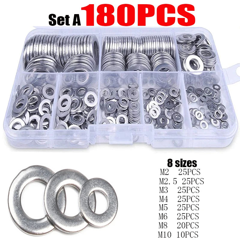 180/360/580/684/1010PCS Stainless Steel Washer M2 M3 M4 M5 M6 M8 M10 M12 Flat Washers Ring Plain Washer Gaskets Assortment Kit