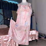 Pink Silk Printed See Through Suspender Nightgown Set Ruffled Suspender Dress Robe With Belt Silky Touch Nightdress Plus Size