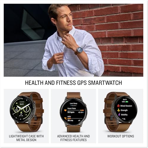 Garmin Venu® 4, 45mm, Advanced Health and Fitness GPS Smartwatch, Bright and Colorful Display, Built-in Flashlight, 12 Days of Battery Life, Slate with Black Silicone Band/Brown Leather Band