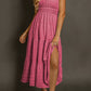 Shirred Pleated Square Neck Sleeveless Midi Dress