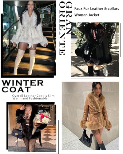 GRAN ORIENTE Women's Faux Leather Jacket with Faux Fur Collar, Winter Long Sleeve Furry Trim Peplum Parka Coat with Belt