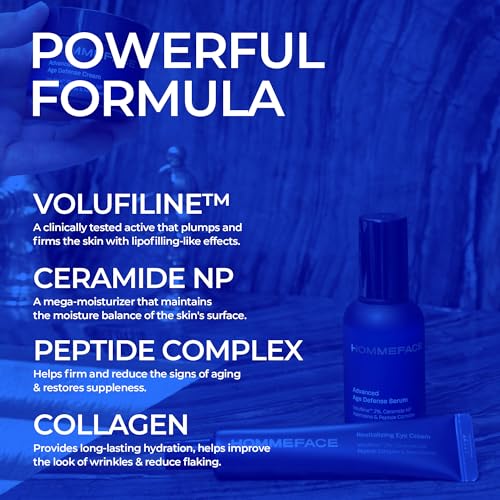HOMMEFACE Men’s Advanced Age Defense 3-Piece Anti-Aging Skincare Set - Facial Serum, Eye Cream & Face Cream - Korean Skincare Technology with Volufiline, Ceramide, Hyaluronic Acid & Peptides