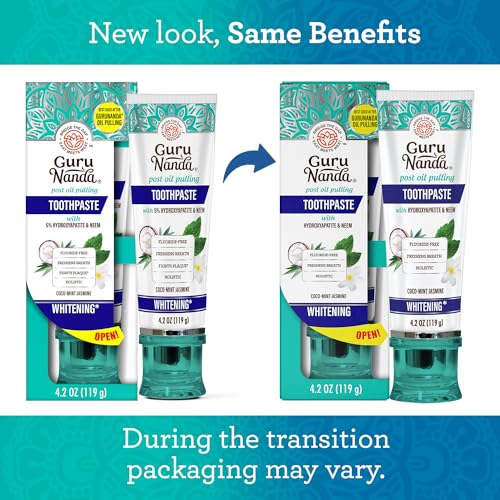 GuruNanda Hydroxyapatite Toothpaste, SLS & Fluoride Free, Whitening Toothpaste with Tongue Scraper & Squeezer - Freshens Breath, Fights Plaque - Natural CocoMint Jasmine Neem, 4.2oz