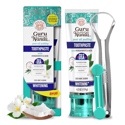 GuruNanda Hydroxyapatite Toothpaste, SLS & Fluoride Free, Whitening Toothpaste with Tongue Scraper & Squeezer - Freshens Breath, Fights Plaque - Natural CocoMint Jasmine Neem, 4.2oz