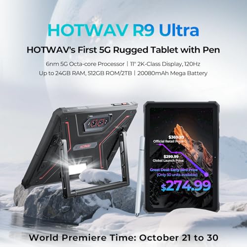 HOTWAV R9 Ultra 5G Rugged Tablet, 24GB + 512GB/TF 2TB Android 15 Tablet with Pen, 11 Inch 2K FHD+ Waterproof Tablets, 20080mAh, 64MP+20MP, Octa-Core, Dual SIM/Gemin AI /IP68&IP69K/Face ID/OTG/WLAN 5