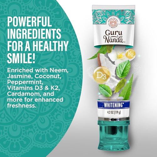 GuruNanda Hydroxyapatite Toothpaste, SLS & Fluoride Free, Whitening Toothpaste with Tongue Scraper & Squeezer - Freshens Breath, Fights Plaque - Natural CocoMint Jasmine Neem, 4.2oz