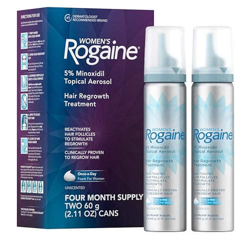 Rogaine for Women 5% Minoxidil Foam, Growth Treatment for Thinning & Hair Loss, Once-A-Day Unscented Topical Foam, Regrow Fuller Thicker Hair, Dermatologist Recommended, 4-Month Supply, 2 x 2.11 oz