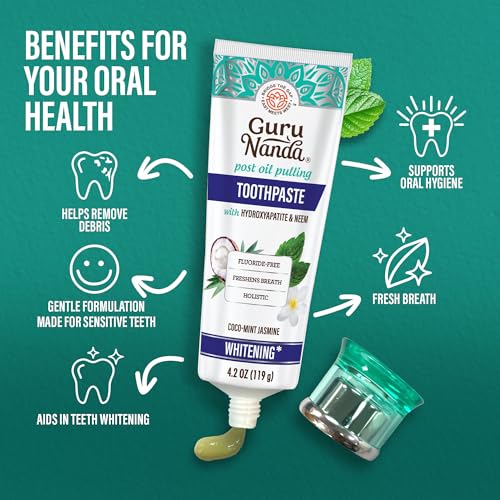 GuruNanda Hydroxyapatite Toothpaste, SLS & Fluoride Free, Whitening Toothpaste with Tongue Scraper & Squeezer - Freshens Breath, Fights Plaque - Natural CocoMint Jasmine Neem, 4.2oz
