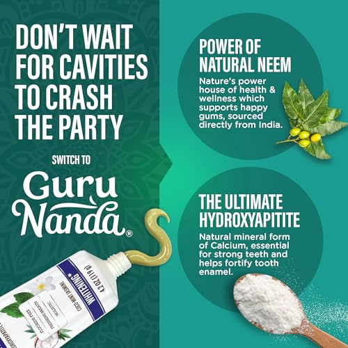 GuruNanda Hydroxyapatite Toothpaste, SLS & Fluoride Free, Whitening Toothpaste with Tongue Scraper & Squeezer - Freshens Breath, Fights Plaque - Natural CocoMint Jasmine Neem, 4.2oz