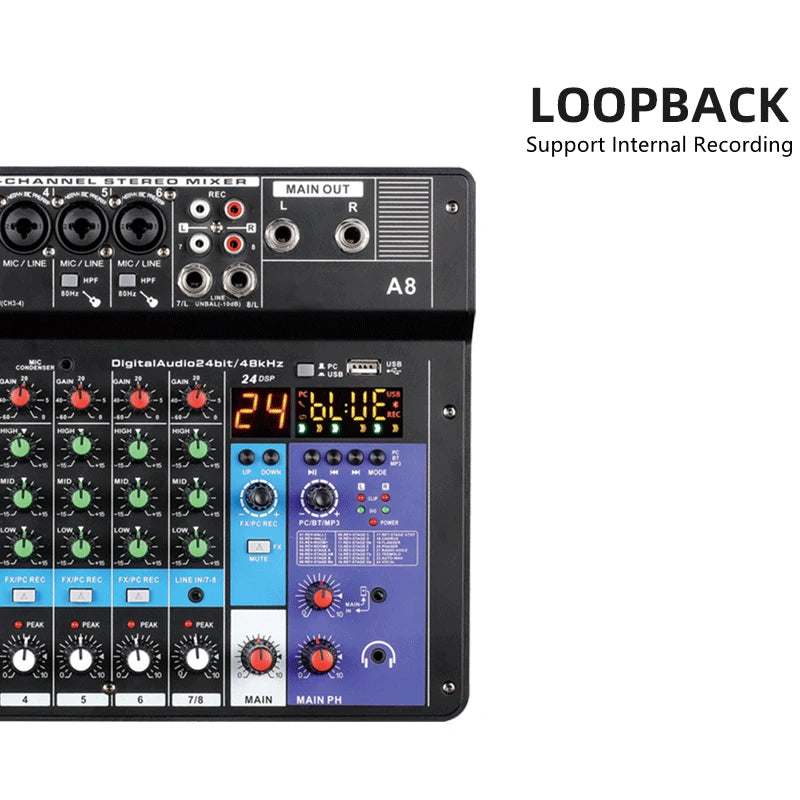 8 Channel Professional Audio Mixer Console Built-in Digital Sound Card for Computer Smartphone Singing Music Recording