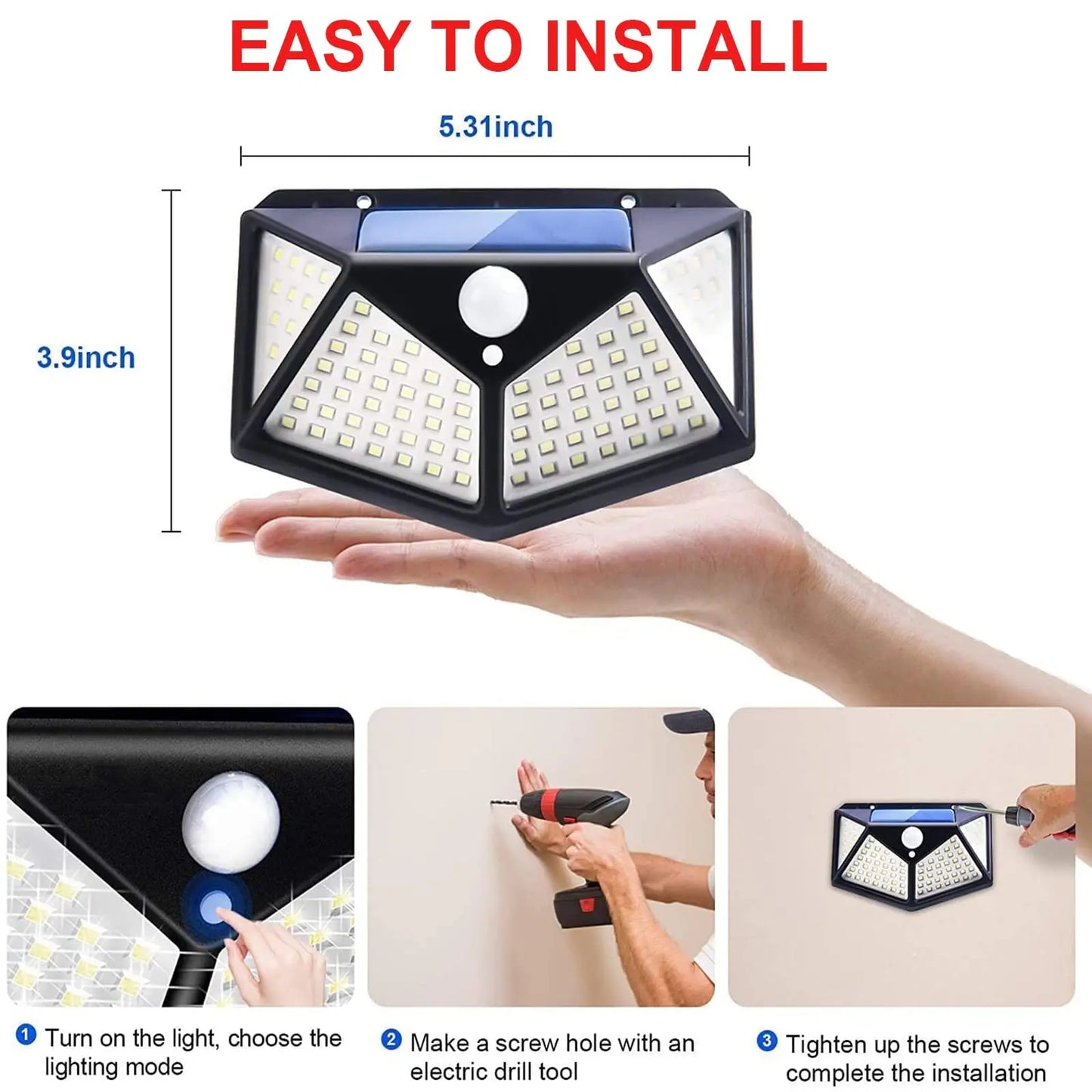 1/2/4/6Pcs 100 LED Wall Lights Outdoor Solar Lamp PIR Motion Sensor Solar Powered Sunlight Street Light for Garden Decoration