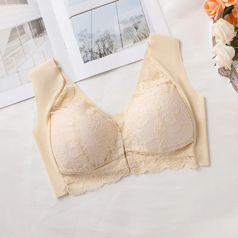 Ladies' Front-opening Bra, Fashionable Lace Lingerie, Full Cup Gathering, Lace Cutout Design