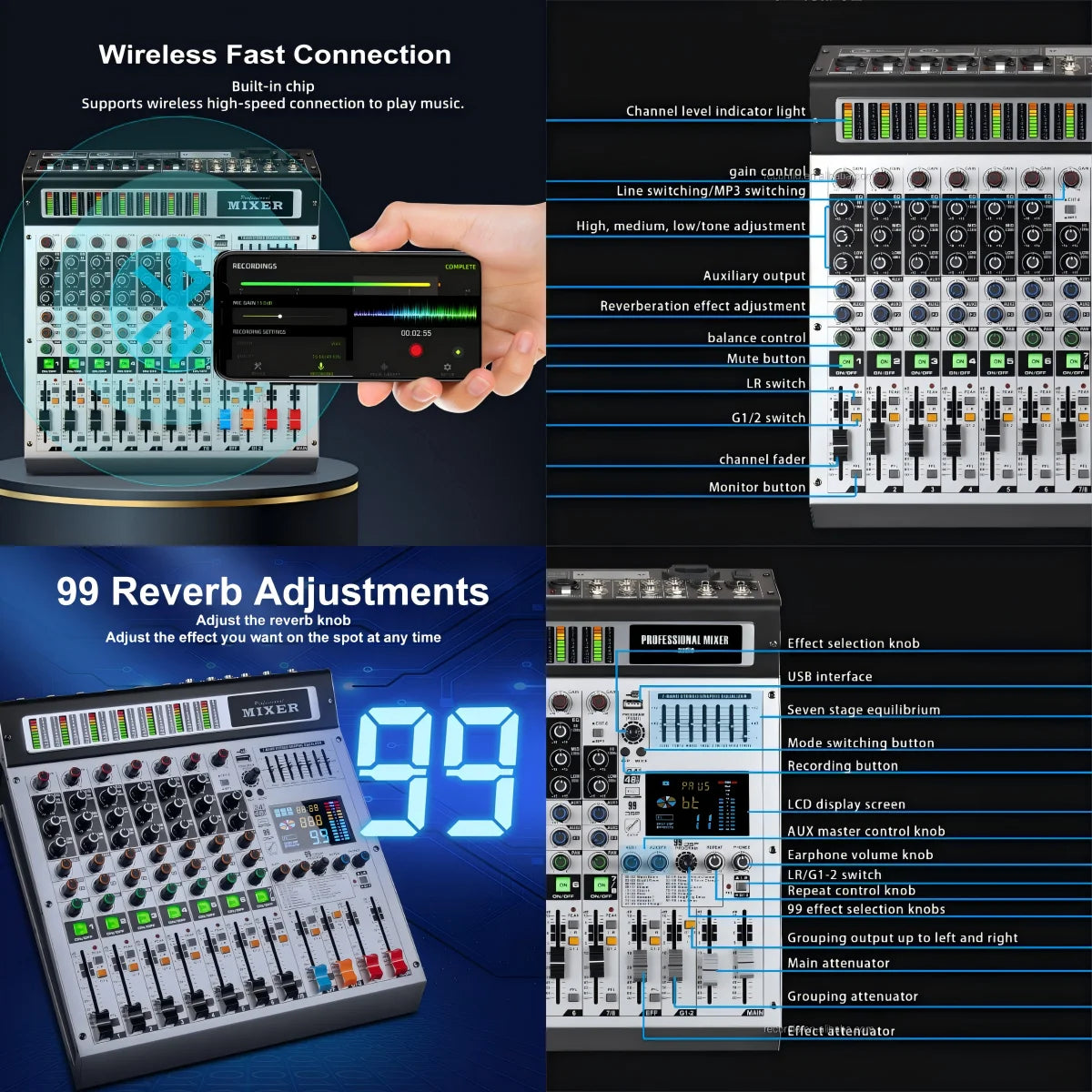 Brand New 8 Channel Interface Audio 99 Effects Digital Professional Audio Mixer with 2 Marshals with USB +48V Phantom Power