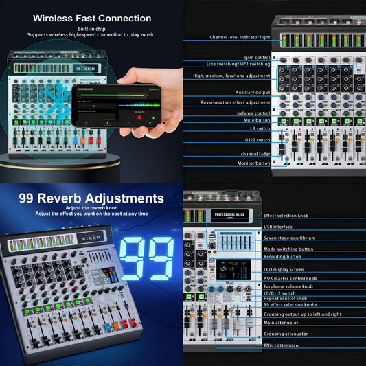 New 8 Channel Interface Audio 99 Effects Digital Professional Audio Mixer with 2 with USB +48V Phantom Power