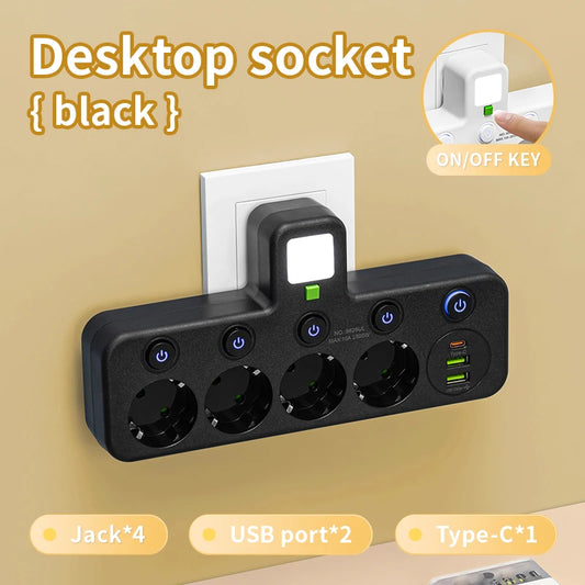 EU plug and socket, 4-pole socket, multifunctional wall plug, with or without extension cords or USB and Type-C interfaces