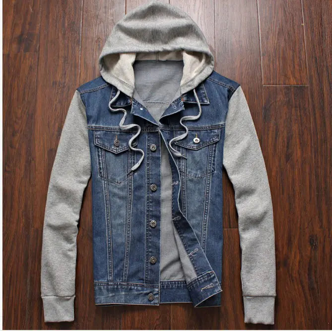 Men's Korean Style Denim Jacket with Removable Hood
