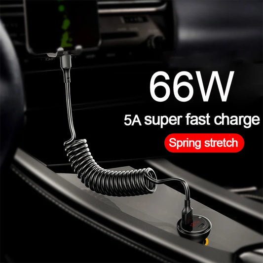 USB Type C 66W Car 5A Fast Charging Type C to Type C Spring Telescopic Cable For iPhone 15 Samsung Huawei Xiaomi Redmi OnePlus