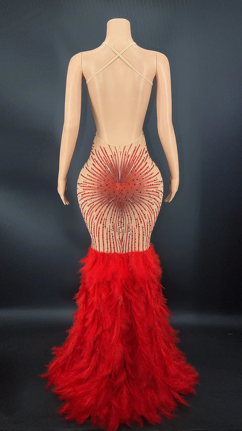 Products Blue Rhinestone Feather Dress Mesh Red Evening Elegant Evening Dresses Luxury Abito Da Cerimonia Donna Birthday Dresses