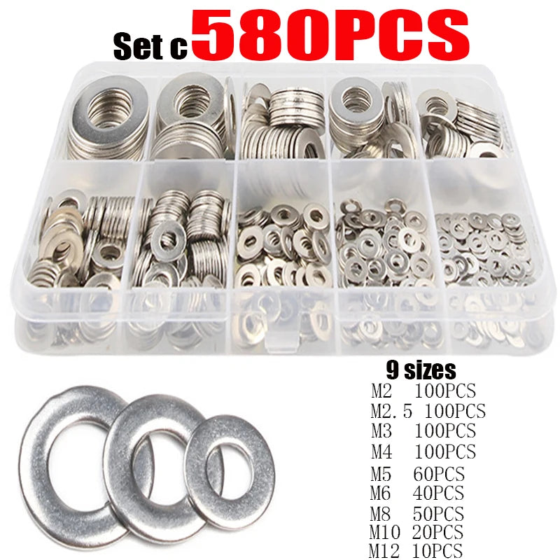 180/360/580/684/1010PCS Stainless Steel Washer M2 M3 M4 M5 M6 M8 M10 M12 Flat Washers Ring Plain Washer Gaskets Assortment Kit