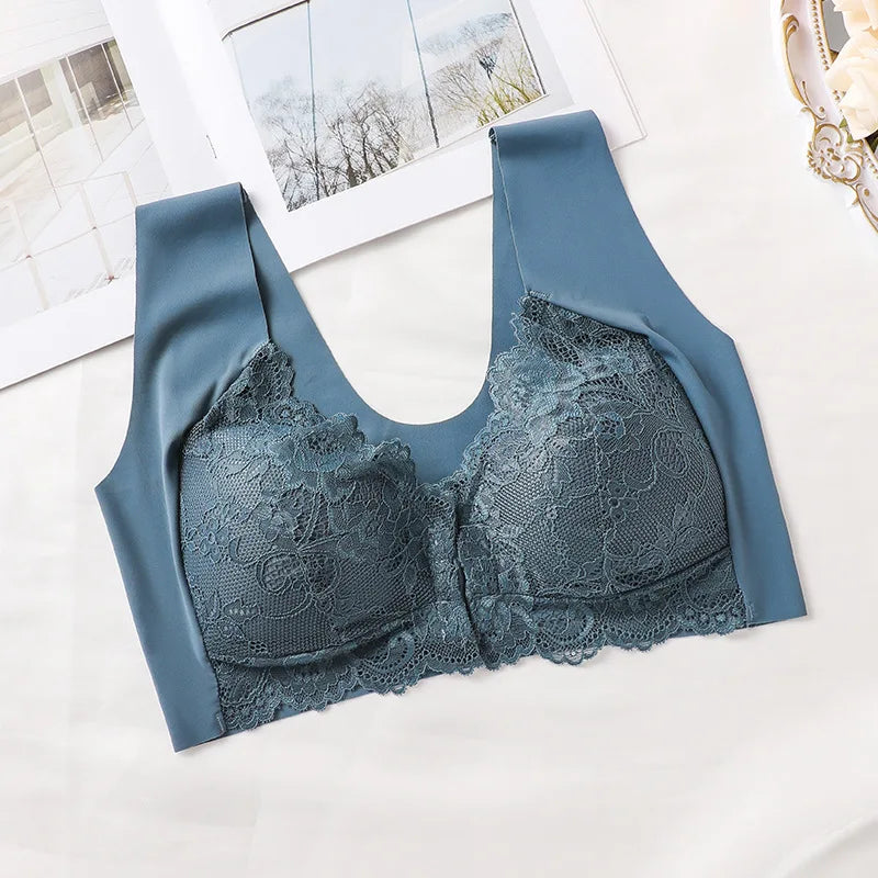 Ladies' Front-opening Bra, Fashionable Lace Lingerie, Full Cup Gathering, Lace Cutout Design