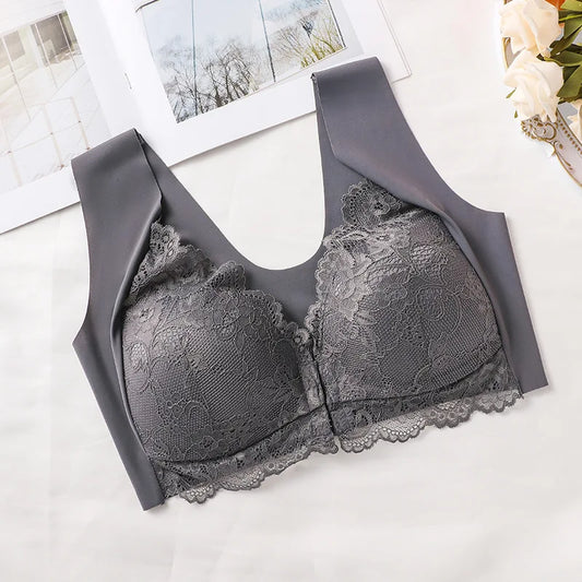Ladies' Front-opening Bra, Fashionable Lace Lingerie, Full Cup Gathering, Lace Cutout Design